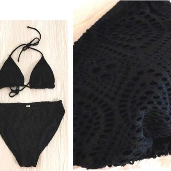 Crochet Eyelet Lace Bikini Sz L BLACK Triangle Bathing Suit Spaghetti Straps NEW - Picture 7 of 12
